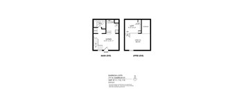 A floor plan for Emerson Lofts shows the layout of one apartment, with a living room, bedroom, and bathroom on the main level and a loft area with a closet and storage on the upper level.