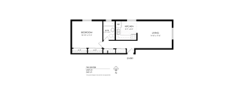 A black and white floor plan of a one bedroom apartment.