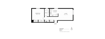 A black and white floor plan of a one bedroom apartment.
