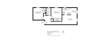 A black and white image of a floor plan for a home with two bedrooms, a living room, a dining room, and a bathroom.
