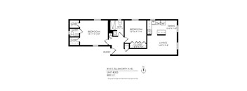 A black and white image of a floor plan for a living space.