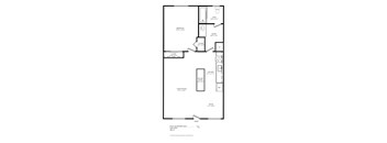 A floor plan of an apartment with a living room, kitchen, bathroom, bedroom and closet.