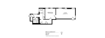 A floor plan of an apartment at 830 N Clarkson St shows a living area, a bedroom, a kitchen, a bathroom, and a rear entry.