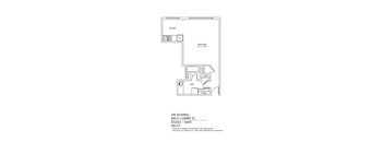 A floor plan for a studio apartment with a kitchen, bathroom, and living area.
