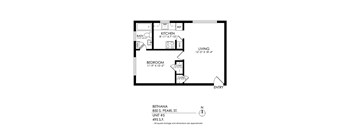 A floor plan of an apartment with a living area, kitchen, and two bedrooms.