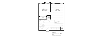 A floor plan of a one bedroom apartment with a living room, bathroom, and entry.