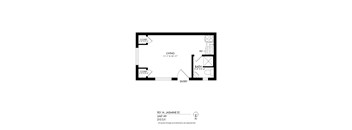 A drawing of a floor plan for a living space with a bathroom.