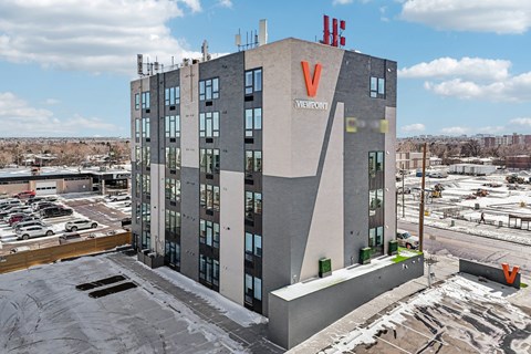 A large building with a V on the side and the word "VIEWERN" on the front.