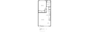 A floor plan of a one bedroom apartment with a living room, kitchen, and bathroom.