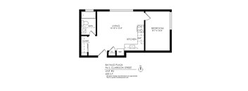 A floor plan of an apartment at Bayaud Plaza shows a living room, kitchen, bedroom, and bathroom.