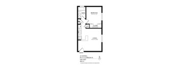 A floor plan of a small apartment with a living room, bedroom, bathroom, and pantry.
