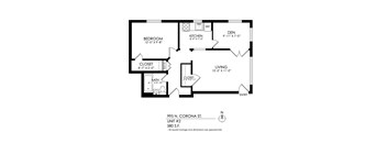 A black and white image of a floor plan for a home with a living room, kitchen, and bathroom.