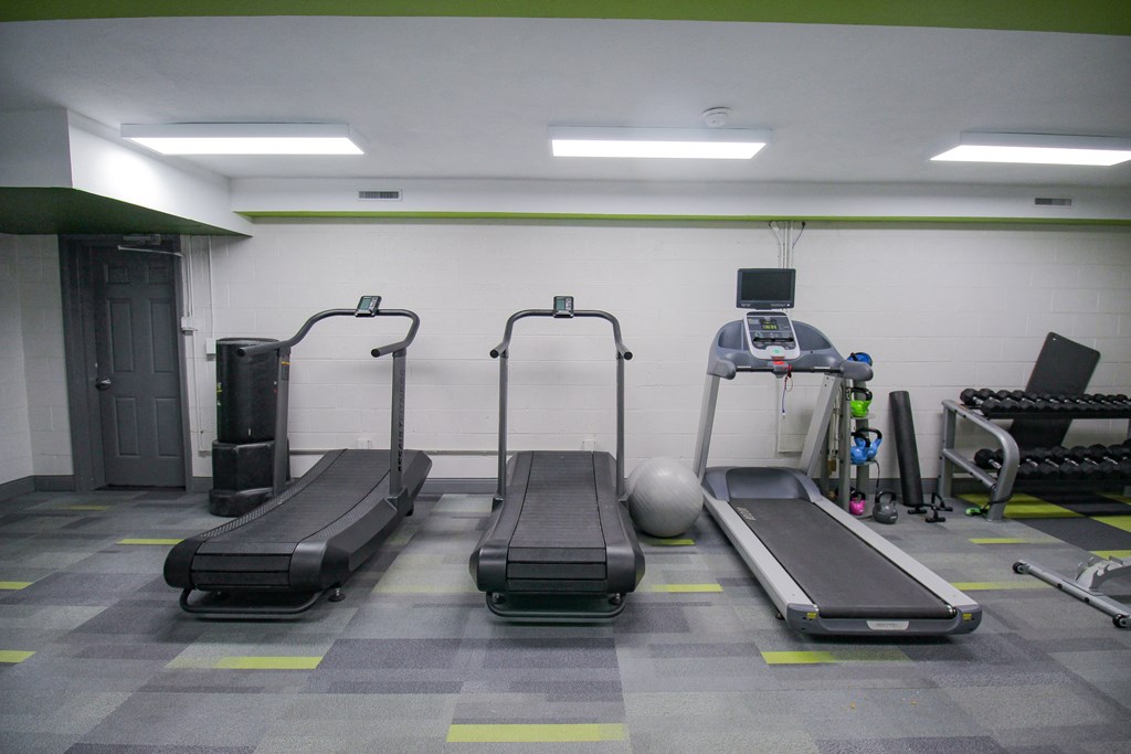 A gym with treadmills, weights, and exercise equipment.