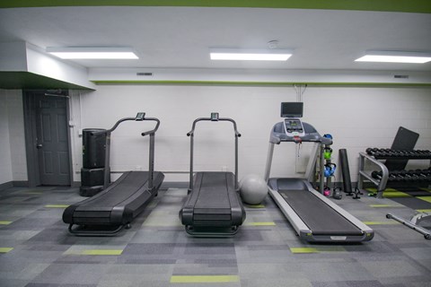 A gym with treadmills, weights, and exercise equipment.