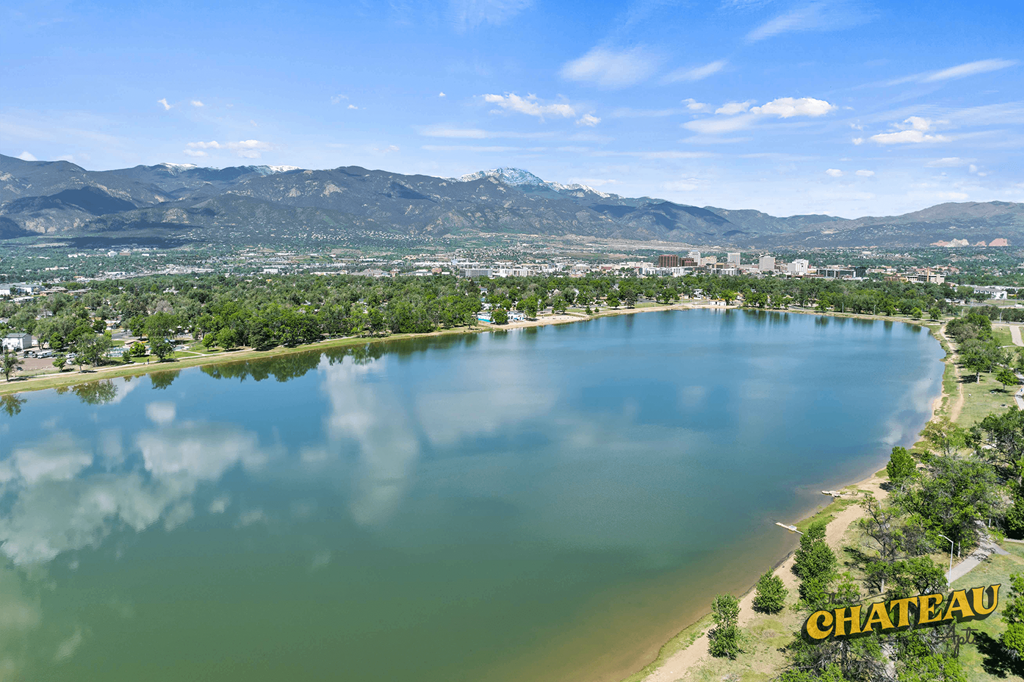 arial view of the lake and the city of Colorado Springs
