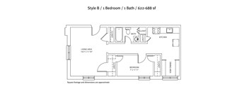 A floor plan of a one bedroom apartment with a bathroom and a living area.