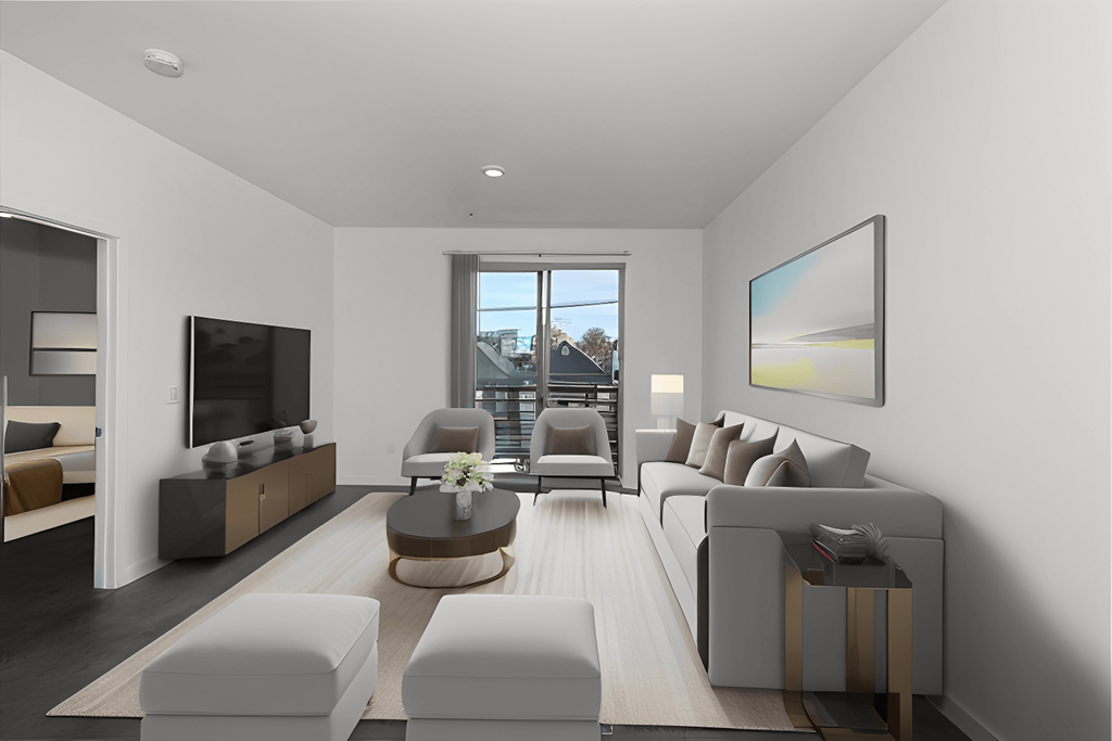 a rendering of a living room with white furniture and a tv