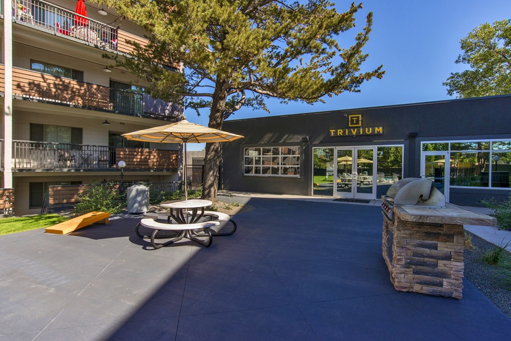 A sunny day at the TRIVIUM building entrance with a picnic table and a tree.