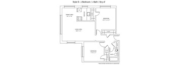 A floor plan for a 2 bedroom, 1 bath home that is 875 square feet.