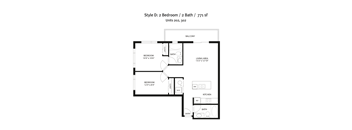 A floor plan of a residential style D 2 bedroom / 2 bath house.