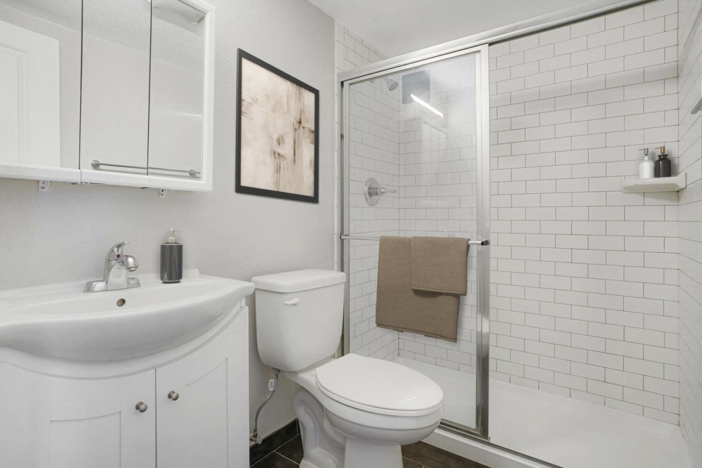a white bathroom with a shower toilet and sink