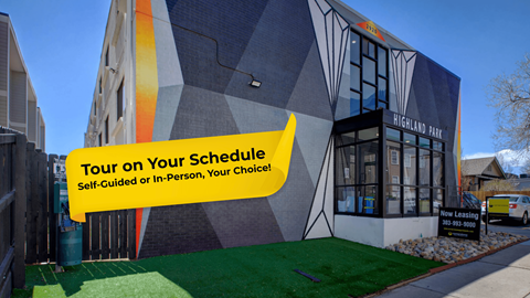 A building with a sign that says "Tour on Your Schedule! Self-Guided or In-Person, Your Choice!"
