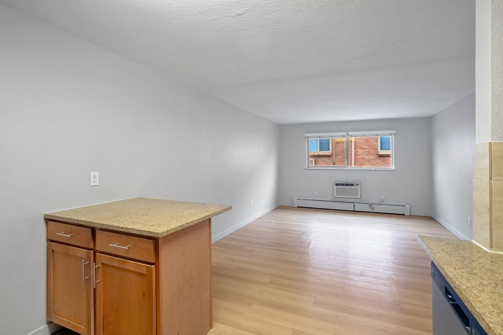 A kitchen with a wooden counter and cabinets.