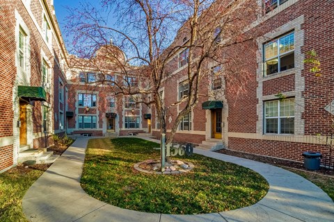 A tree in front of a brick building with a number 600 on the ground.