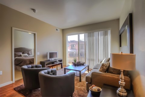 A living room with a couch, chair, and television.