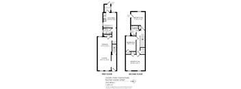 A black and white image of a floor plan for a two-story townhouse.