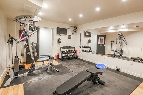 A well-equipped home gym with a variety of exercise machines and equipment.