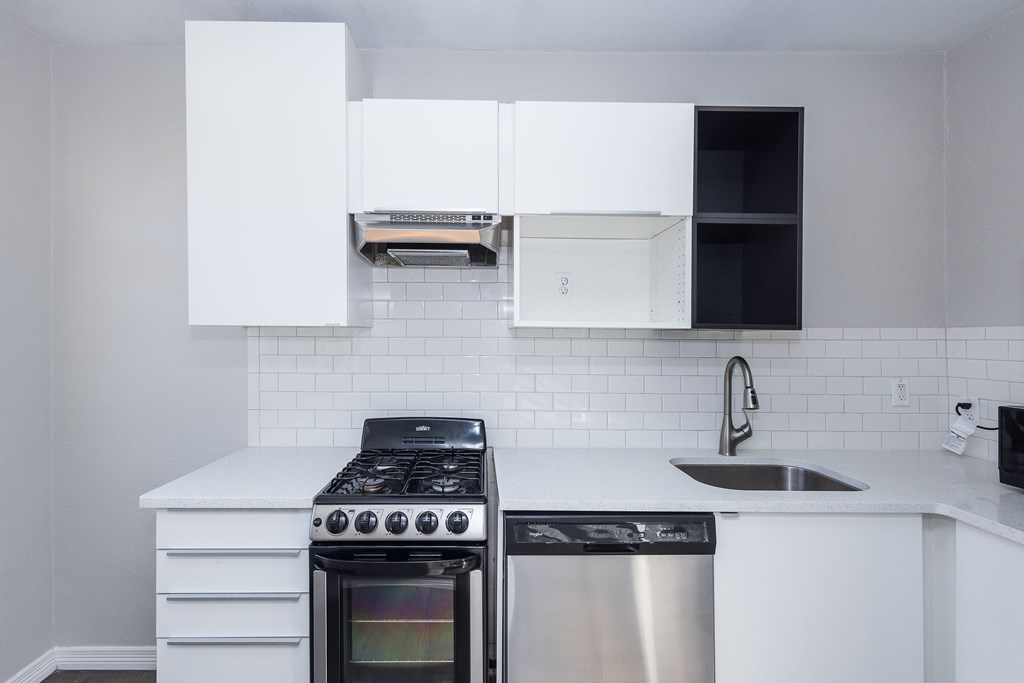 A modern kitchen with a stainless steel dishwasher and white cabinetry.