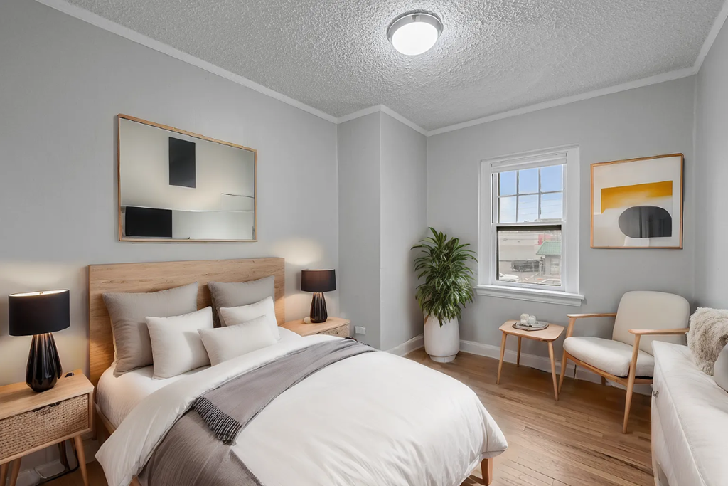 a bedroom with a bed and a window