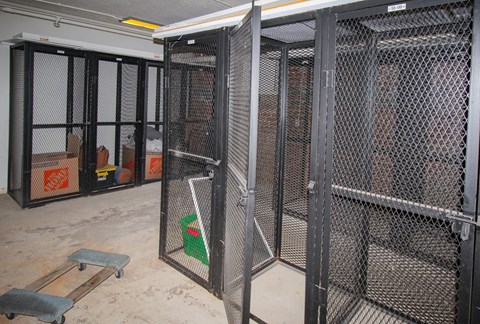 A room with a metal gate and a green bucket inside.