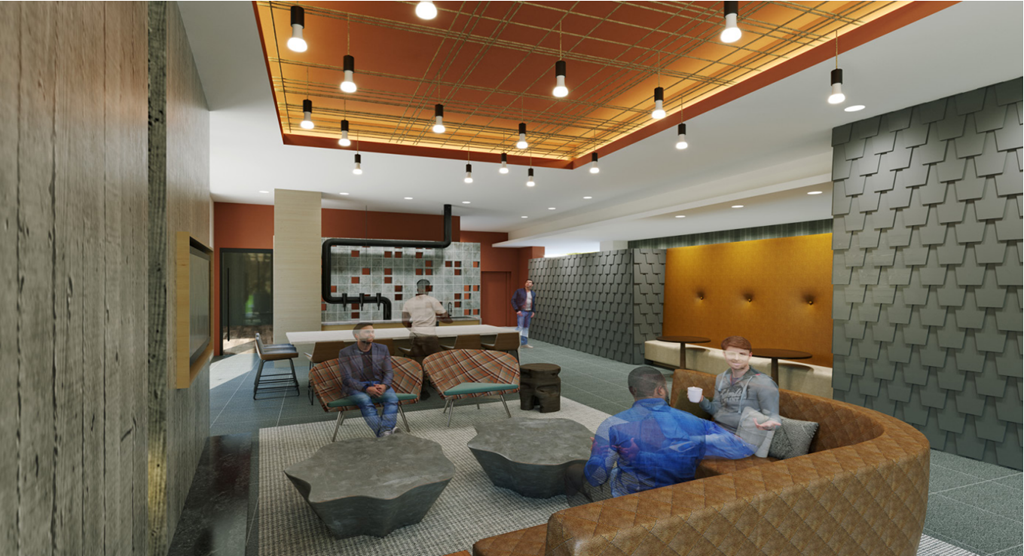 a rendering of a lobby with people sitting in chairs and a table