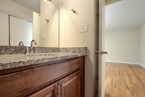 A bathroom with a granite countertop and wooden cabinets.