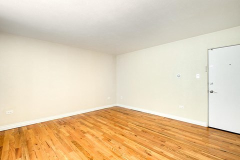 A room with wooden flooring and a white door.