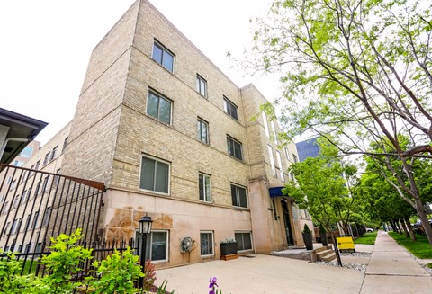 A building with a black gate and a tree in front.