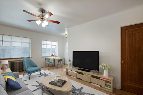 A living room with a grey couch, a blue chair, a coffee table, a television, and a ceiling fan.
