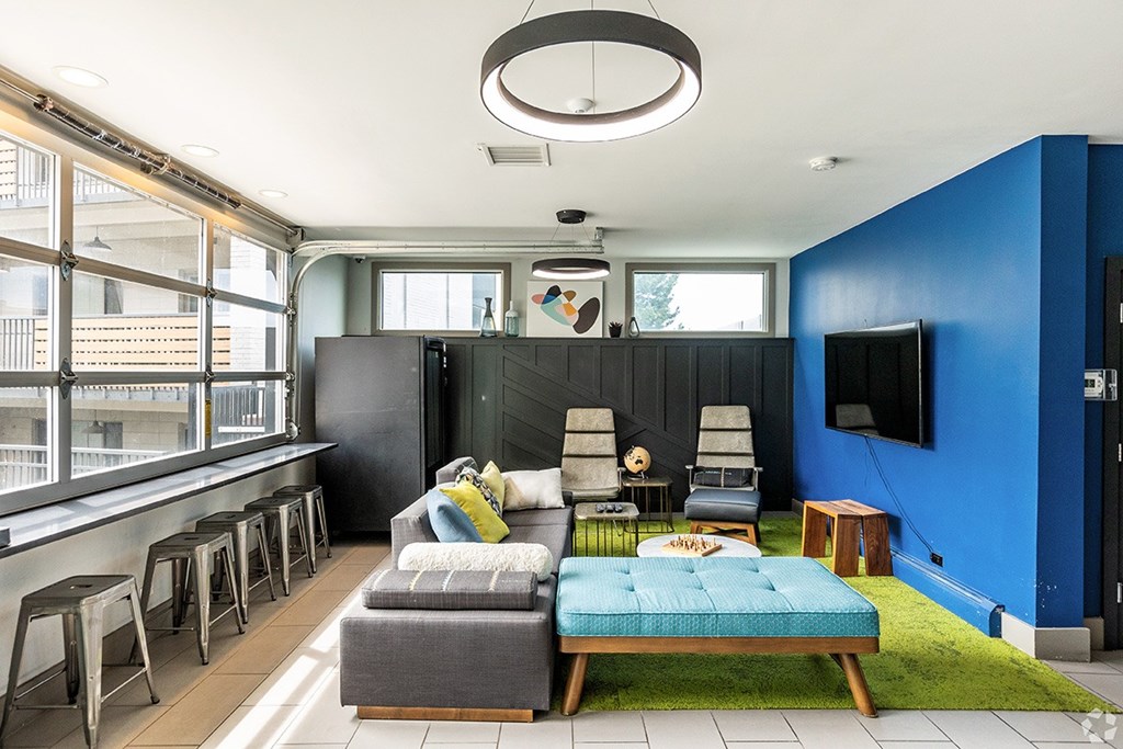 A modern living room with a blue accent wall and a grey sofa.