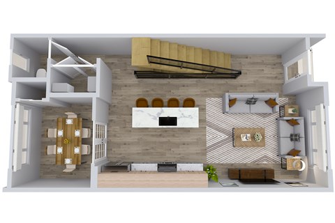 A 3D rendered image of a modern apartment layout.