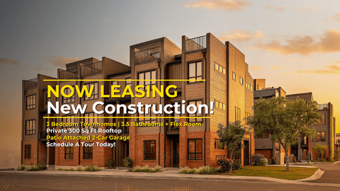 A new construction building is advertised for lease with 3 bedrooms, 1.5 bathrooms, a private 300 sq ft rooftop patio, attached 2 car garage, and a flex room.