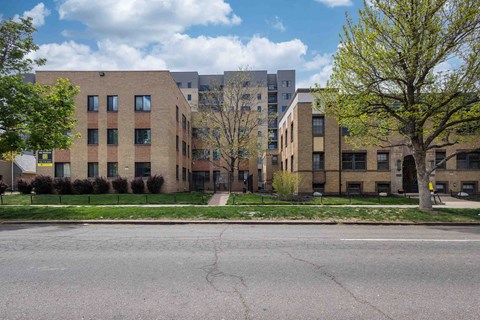 A street view of apartment buildings with a tree in the foreground.