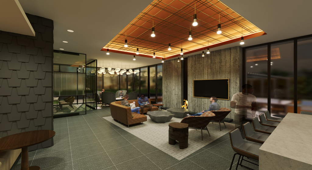 a rendering of the lobby of an office building with people in it