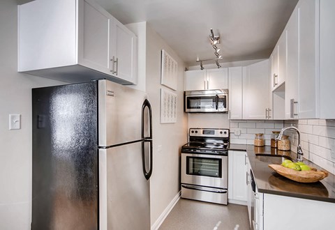 A kitchen with a black refrigerator and stainless steel appliances.