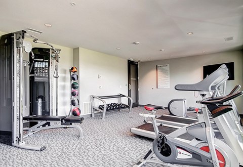 A well equipped gym with a variety of exercise equipment.