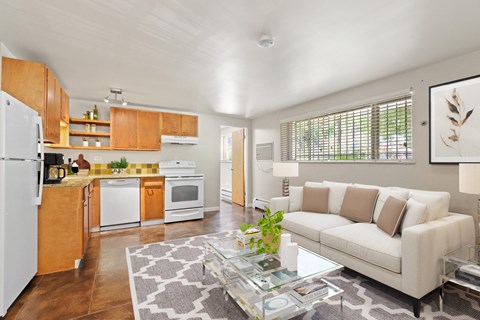 a living room with a white couch and a glass coffee table