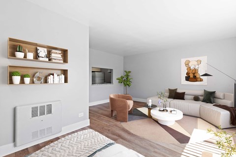 a living room with a couch and a table