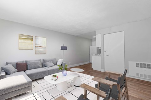 a living room with a couch and a table