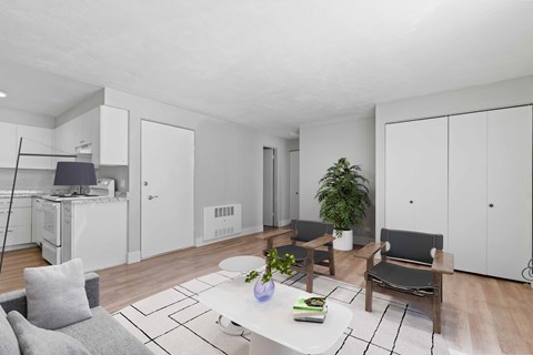 a living room with a couch and a table